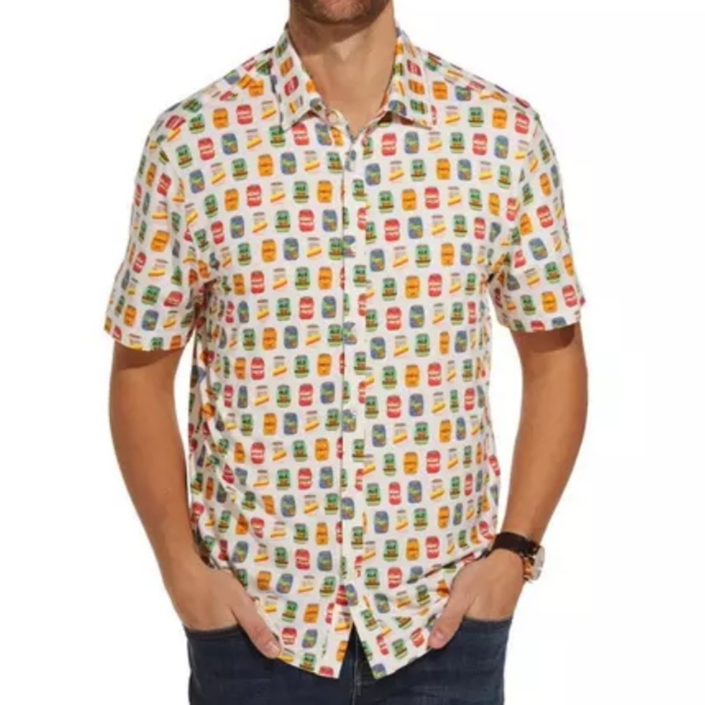 Hallstatt Button Up Shirt NWT Men’s Large Beer Can Print College Party Frat Top
